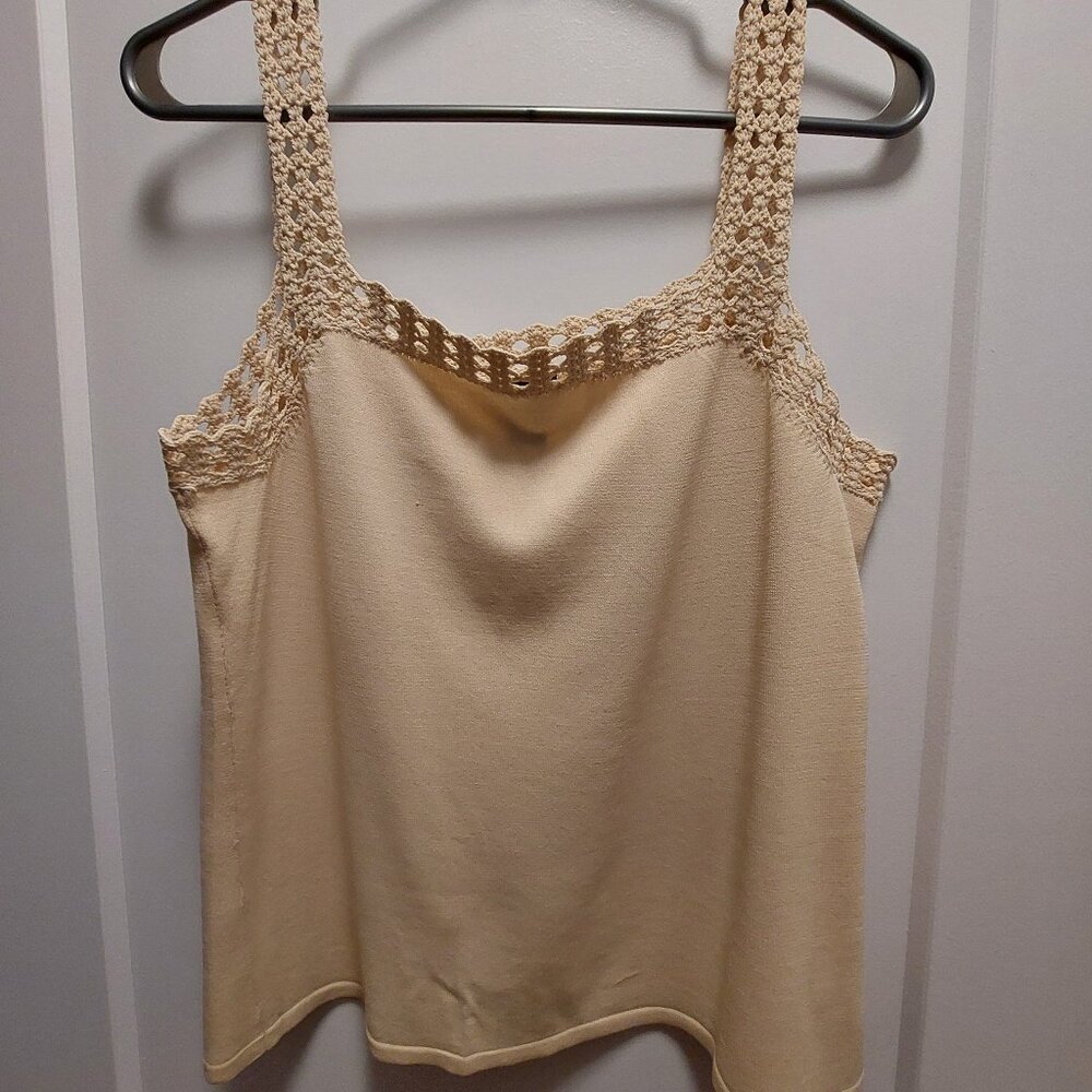 ESCIO Women's Square Neckline Knit Top w/Crochet Straps - Ivory - Size Large